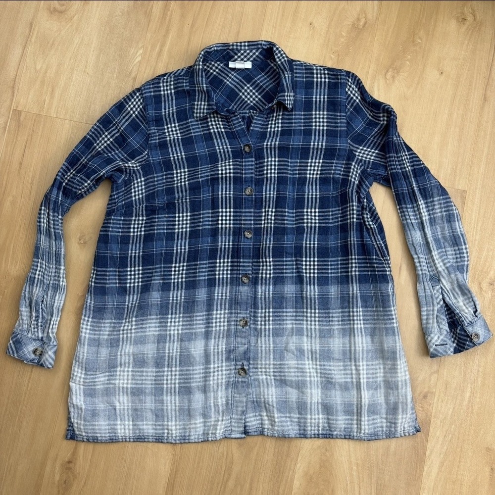 J Jill Plaid Ombre Shirt Women's Medium Button Down Blue White‎ Tunic Relaxed